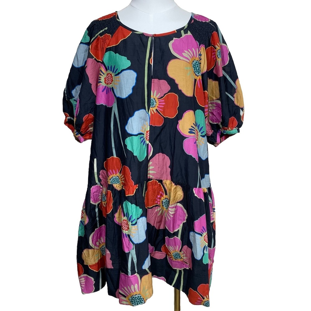 Velvet by Graham & Spencer Dress Womens M Black Floral Cotton Silk‎ Puff Sleeve